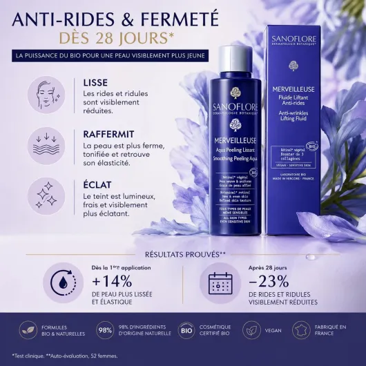 Merveilleuse Anti-rides Bio, Coffret Soin Visage avec Fluide Liftant 40ml + Aqua Peeling 50ml OFFERTE, Vegan,Lift & Fermeté dès 28 Jours