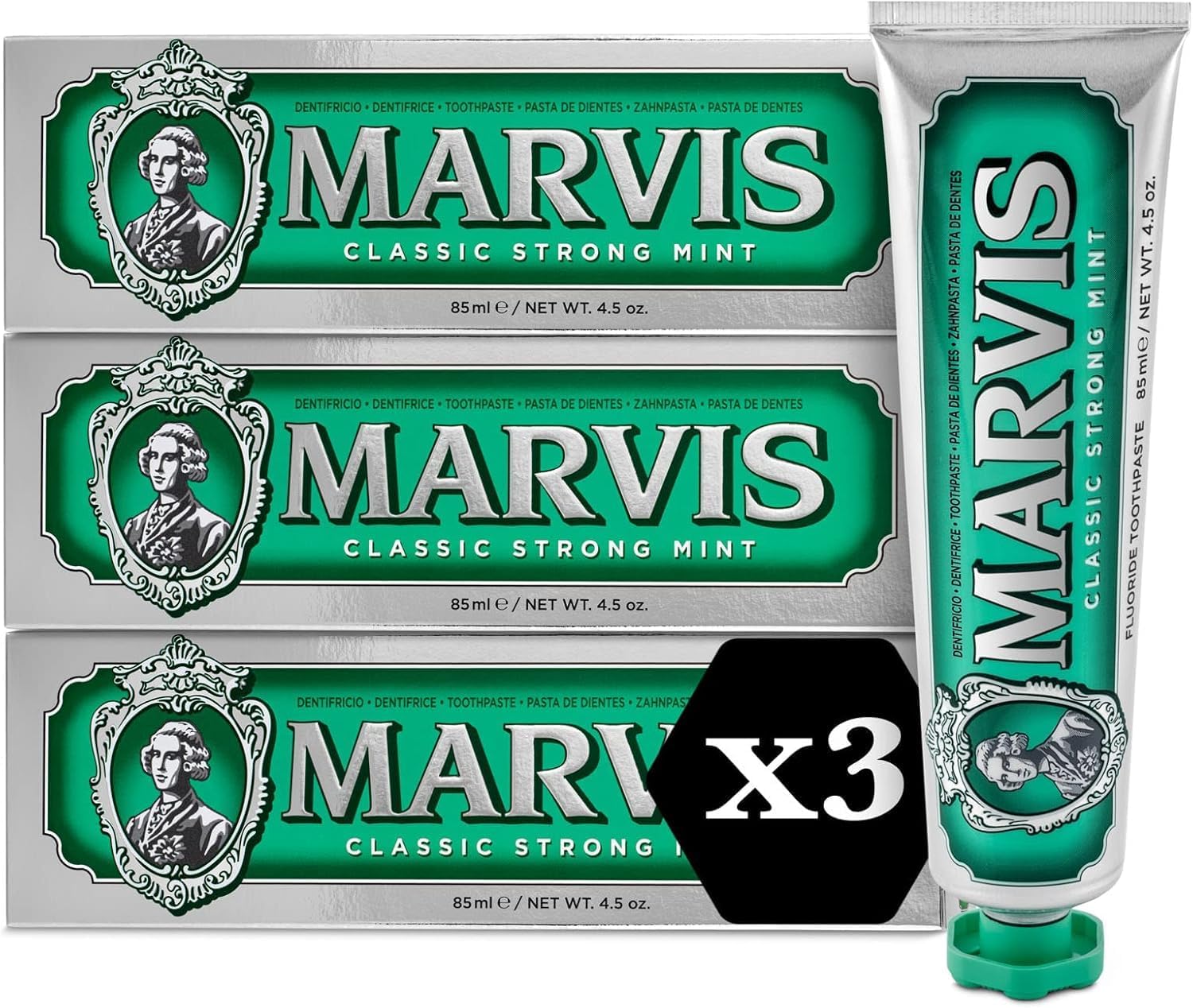 Lot de 3 dentifrices Menthe Forte Classique, 3 x 85 ml, Dentifrice aromatisé à la menthe forte pour une fraîcheur longue durée