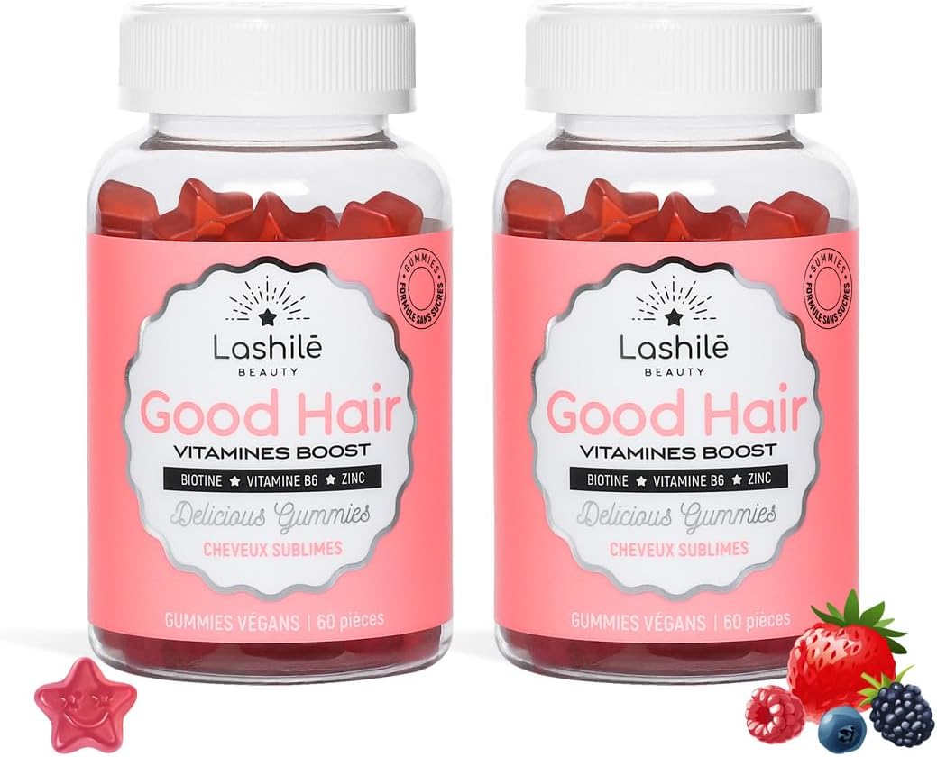 Lashilé Beauty - Good Hair Vitamins - Pousse Croissance & Fortification des cheveux - Compléments Alimentaires - Made in France - Biotine, Zinc, Vitamine B8, C, B6 - Cure 2 mois - 120 Gummies 2 unité (Lot de 1)