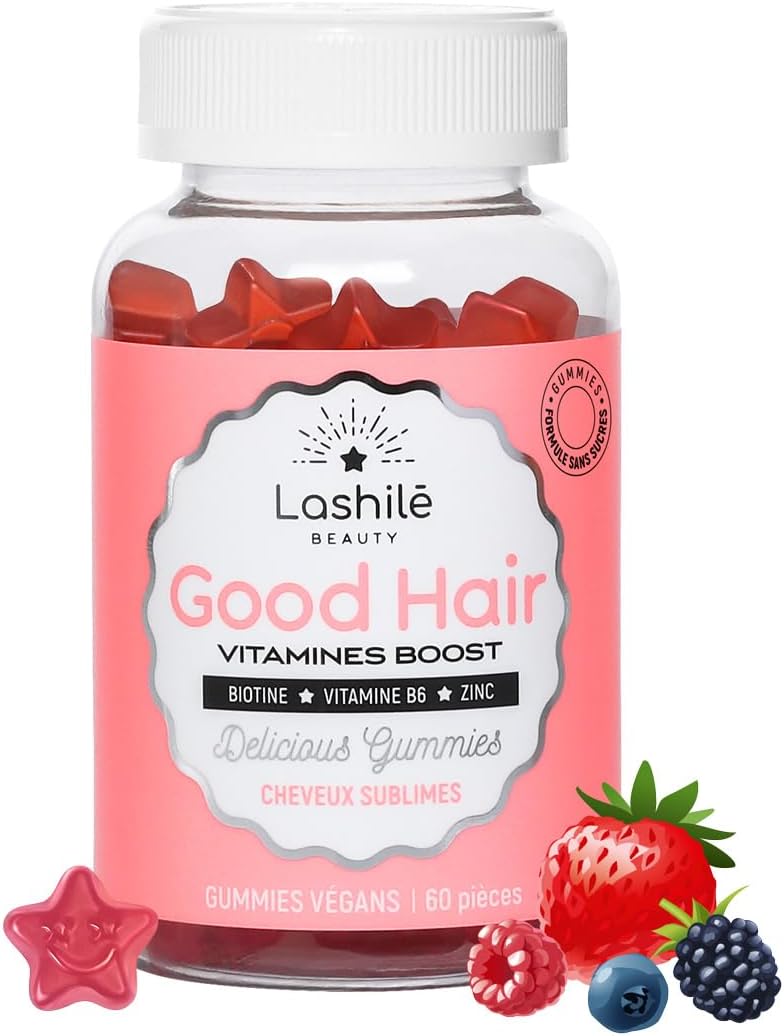 Lashilé Beauty - Good Hair Vitamins - Pousse Croissance & Fortification des cheveux - Compléments Alimentaires - Made in France - Biotine, Zinc, Vitamine B8, C, B6 - Cure 1 mois - 60 Gummies 1 unité (Lot de 1)