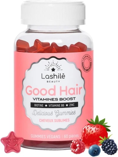 Lashilé Beauty - Good Hair Vitamins - Pousse Croissance & Fortification des cheveux - Compléments Alimentaires - Made in France - Biotine, Zinc, Vitamine B8, C, B6 - Cure 1 mois - 60 Gummies 1 unité (Lot de 1)