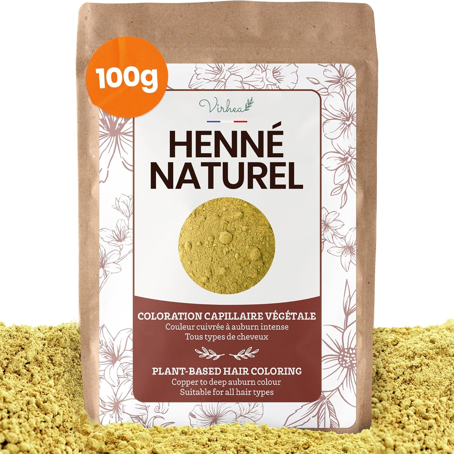 Henné Naturel en Poudre 100G Qualité AAA+ Coloration Naturelle Cheveux Auburn et Cuivré- Apporte Soin Brillance et Volume - pour Tatouage Main - Emballage refermable