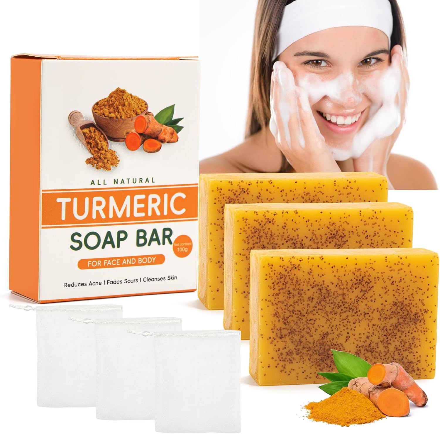 3 Pièces Kojic Acid Soap Turmeric Soap, Savon Curcuma Visage et Corps, Savon le Naturel pour Eclaircissant Peau, Dark Spot, Acne, Hyperpigmentation