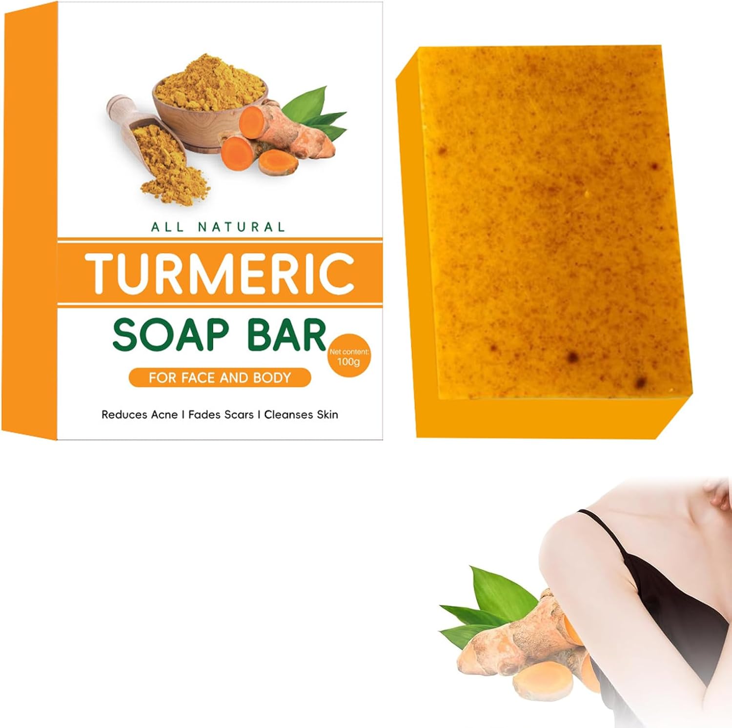 Savon Au Curcuma,Savon Curcuma Visage,Savon Exfoliant Au Curcuma,Savon à L'acide Kojique,Savon Exfoliant Au Curcuma Naturel,Barre de Savon Au Curcuma pour Visage et Corps,Nettoyage en Profondeur,100g