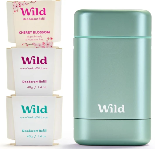 Déodorant Naturel Rechargeable - Sans Aluminium - Etui Aqua avec Lot Varié de Recharge (3 x 40g) - Comprend Fresh Cotton & Sea Salt, Cherry Blossom et Coconut & Vanilla - Végan Fraîche Lot Varié de Recharge