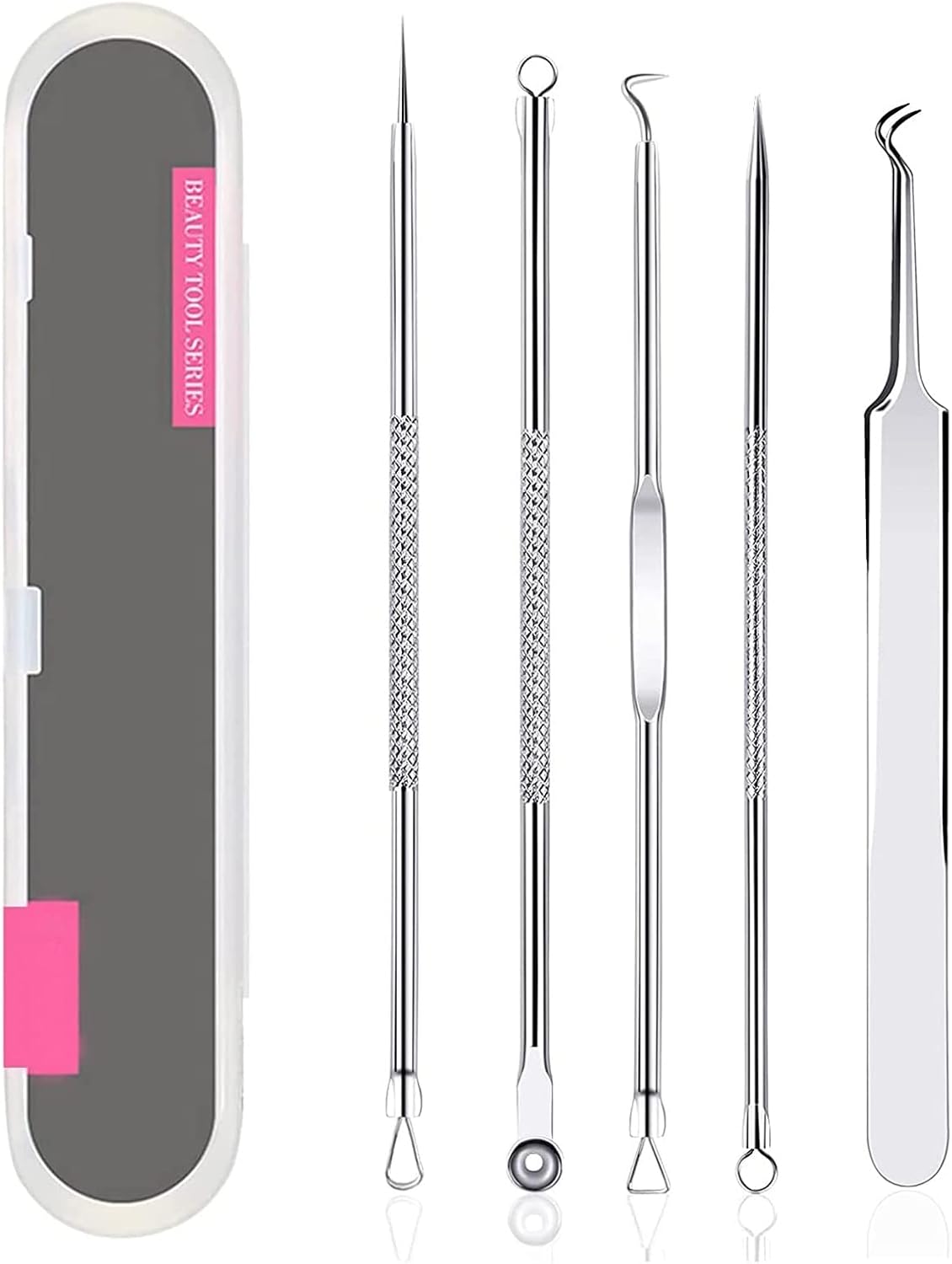 Lumcov Blackhead Remover Outil,Extracteur Point Noir,Pimple Extractor,Professionnel D'acné Aiguille Tire Comédons Pince avec Boite(Argent)