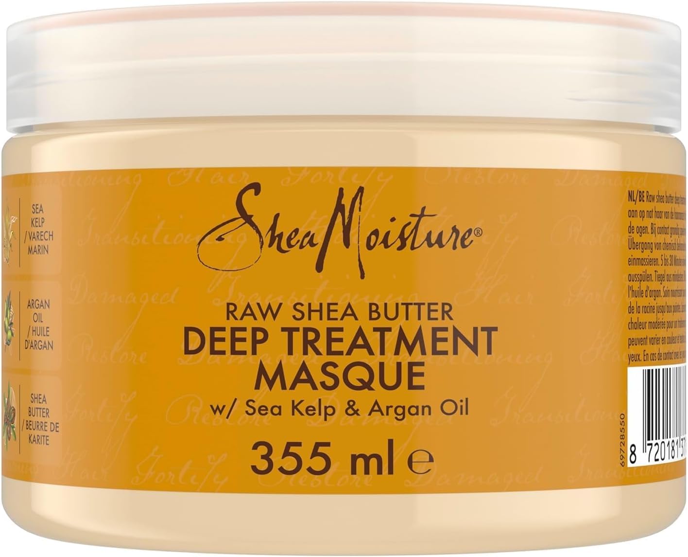 SheaMoisture Raw Shea Butter - Masque Capillaire - Soin Hydratant Intense à l’Huile d’Argan et au Varech - Crème Bouclante Sans Sulfate - Pour Cheveux Épais, Secs ou Bouclés - 1 x 355 ml