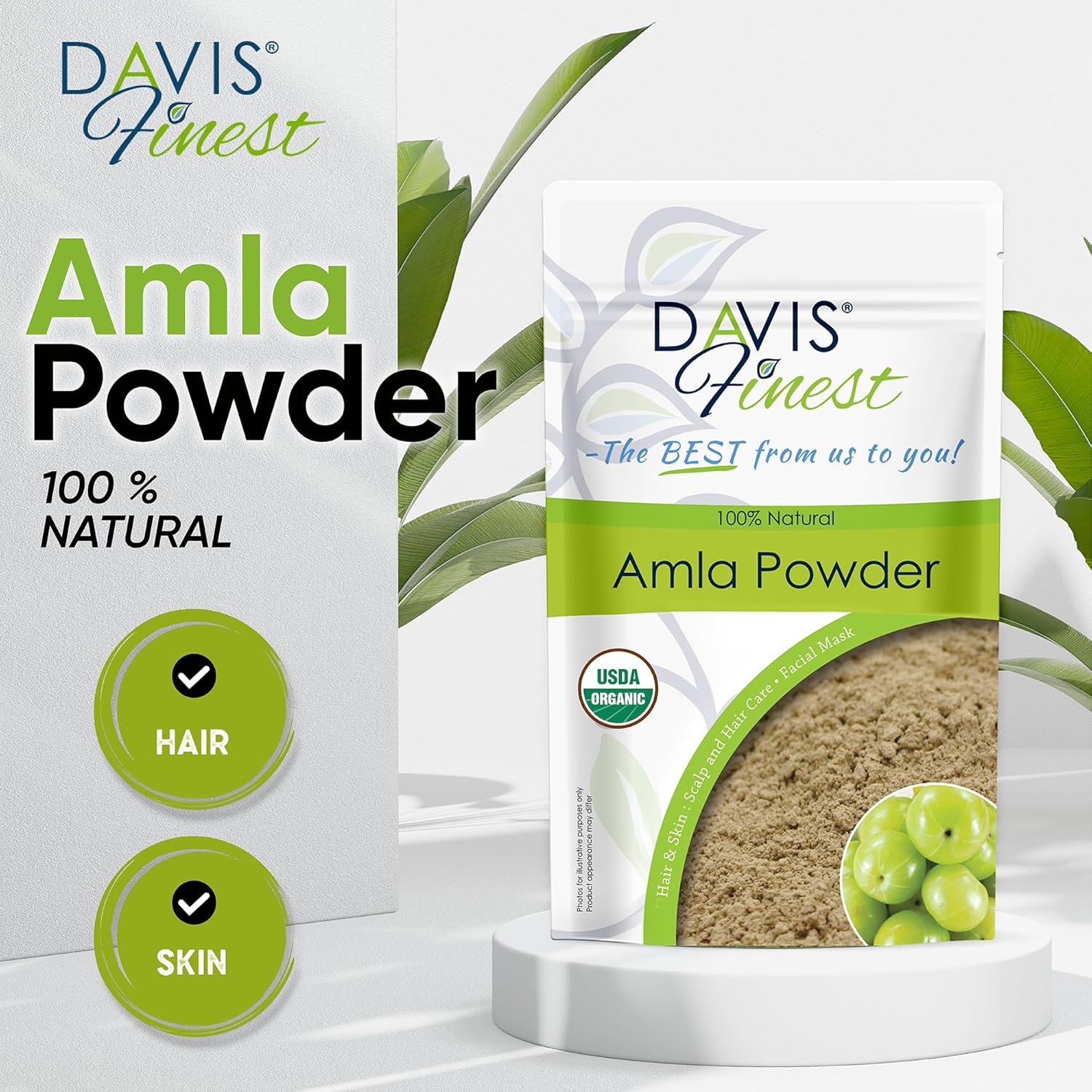 Poudre d'amla biologique Davis Finest 250 g, pousse des cheveux, renforcement, épaississement, volumisation, soin en profondeur, anti-frisottis