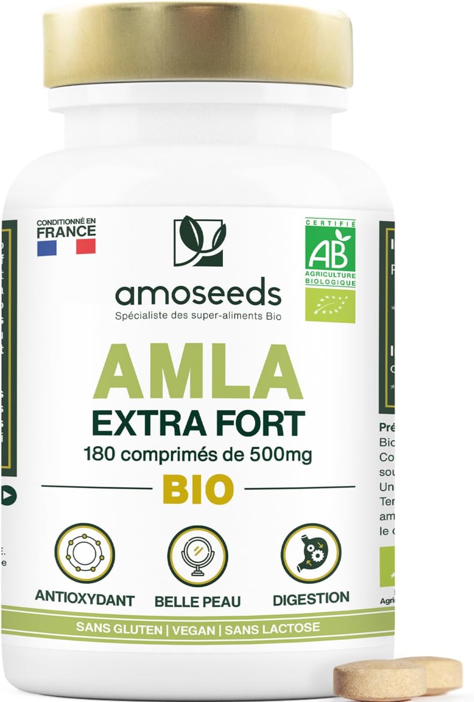 Amla BIO 180 comprimés de 500mg - Peau, Cheveux, Digestion - Amalaki, Groseille Indienne - Qualité Supérieure