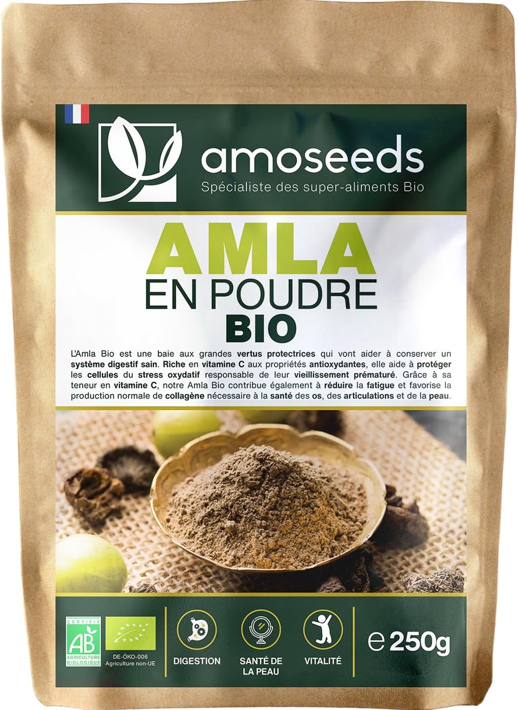 Amla en Poudre Bio 250G - Qualité Supérieure - Cheveux robustes, Anti-chute, Belle Peau, Vitamine C