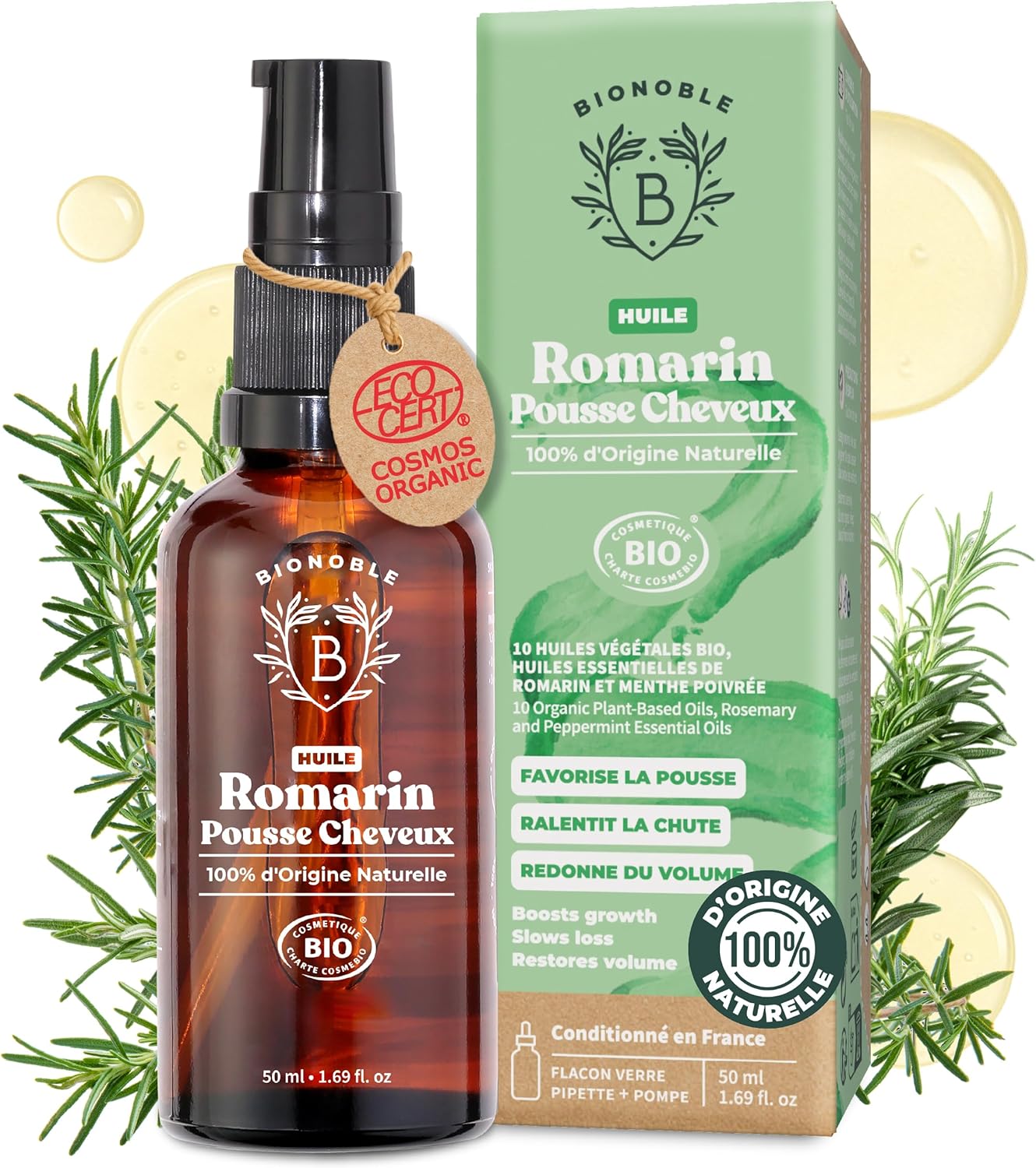 Huile de Romarin pour Cheveux Bio - Favorise la Pousse et Ralentit la Chute - Huile Essentielle Romarin, Ricin, Argan et Jojoba - Rosemary Oil for Hair Growth - Flacon Verre + Pipette - 50ml 50 ml (Lot de 1) Romarin