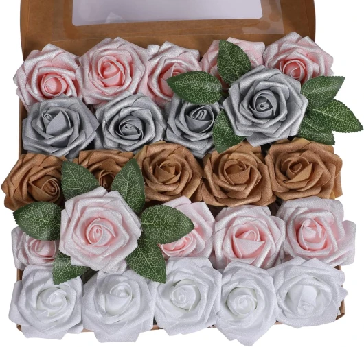 Ruiuzi Lot de 25 Roses artificielles réalistes avec Tige pour Bouquets de Mariage, centres de Table, fête de Mariage, décoration de Maison (Cinq Couleurs + Poudre, 25pcs) Cinq Couleurs + Poudre 25pcs