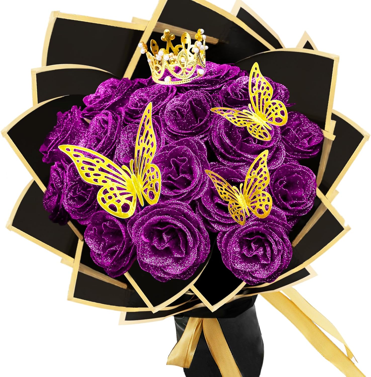 Lot de 24 bouquets de roses artificielles à paillettes pour la Saint-Valentin, la Saint-Valentin, les bouquets de fleurs artificielles à paillettes avec couronne pour cadeaux de mariage Violet