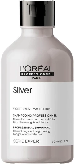 L'Oréal Professionnel, Shampoing Violet Déjaunissant & Raviveur d'Éclat, Cheveux Blancs ou Gris, Elimine les Reflets Jaunes et Cuivrés, Apporte Douceur & Brillance, Silver, Serie Expert, 300ml 300 ml (Lot de 1)