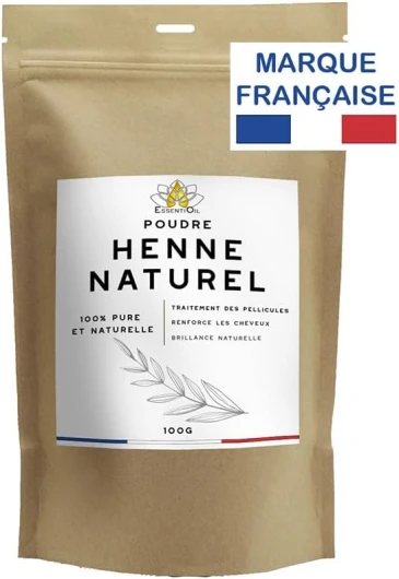 Henne Naturel - 100% Naturel - Favorise la pousse, Assainit le cuir chevelu, Embellit la chevelure, Gaine la fibre capillaire - Tous types de cheveux - 100g - Marque française