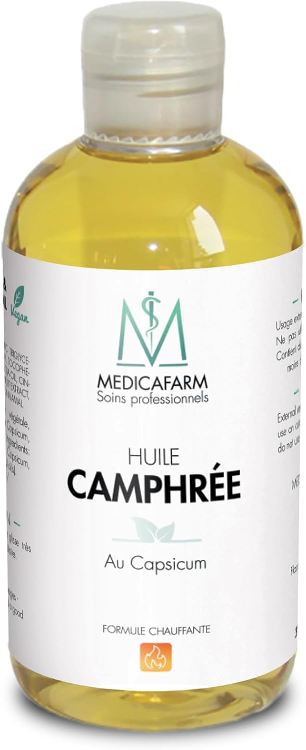 Huile camphrée - Au capsicum - Action chauffante - Aide à la préparation et récupération musculaire - Contribue à soulager les douleurs musculaires et articulaires - Flacon 250 ml Unitaire