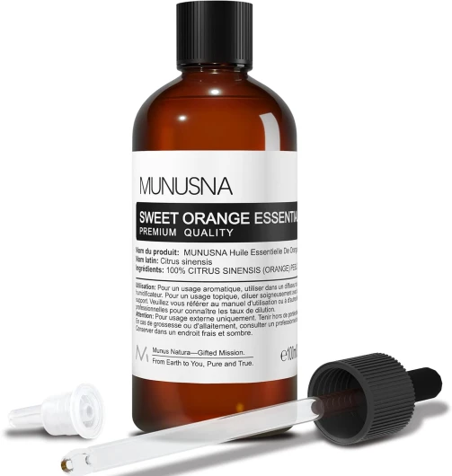 Huile Essentielle Orange Douce 100ML, MUNUSNA Huile Essentielle Naturelle Pure pour Calme et Paix - Huile d’Orange pour Diffuseur d’Arômes, Brûleur, Sweet Orange Oil