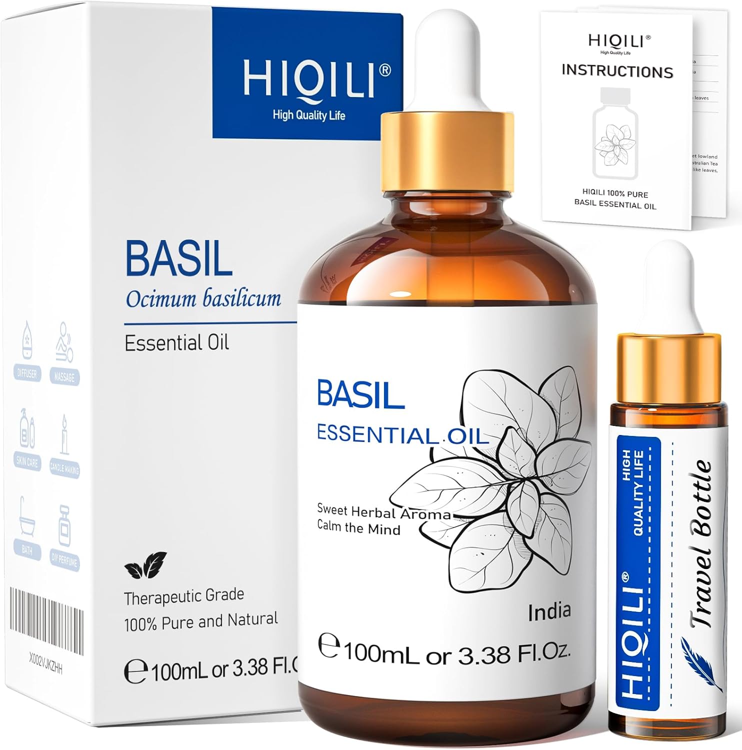 Huile Essentielle Basilic 100ML, Pure et Naturelle, pour Diffuseur Basilic 100 ml (Lot de 1)