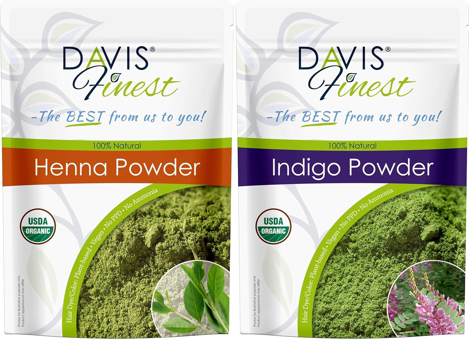 Coloration capillaire pure au henné et à l'indigo Davis Finest - 500 g - Lot de 250 g de henné et 250 g d'indigo - Coloration pour barbe naturelle - Sans PPD - Vegan