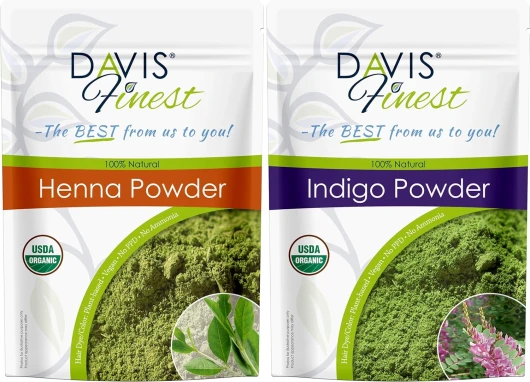 Coloration capillaire pure au henné et à l'indigo Davis Finest - 500 g - Lot de 250 g de henné et 250 g d'indigo - Coloration pour barbe naturelle - Sans PPD - Vegan
