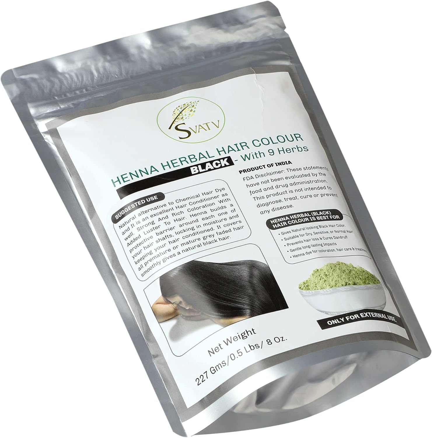 Couleur De Cheveux Au Henné NOIR Avec 9 Herbes II Mehndi Pour Cheveux, Couleur De Cheveux II 227g, 0,5 Lb, 08 Oz