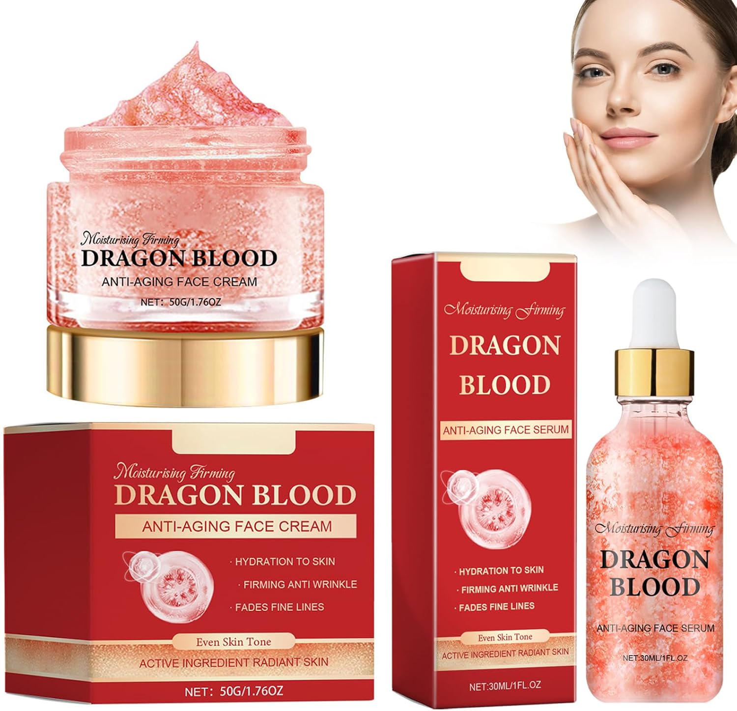 Coffret Combo Crème Hydratante Au Sang De Dragon et Sérum Anti-Rides, Soin Anti-Rides Anti-âge Hydrate Adoucit Hydrate Et Raffermit La Peau Pour Réduire La Pigmentation Et Les Ridules