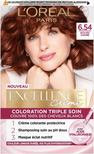 L’ORÉAL PARIS - Coloration Cheveux Permanente Triple Soin - Couvre 100% des Cheveux Blancs - Excellence Crème - Nuance : Acajou Cuivré (6.54) 6.54 - Acajou Cuivré 1 unité (Lot de 1)