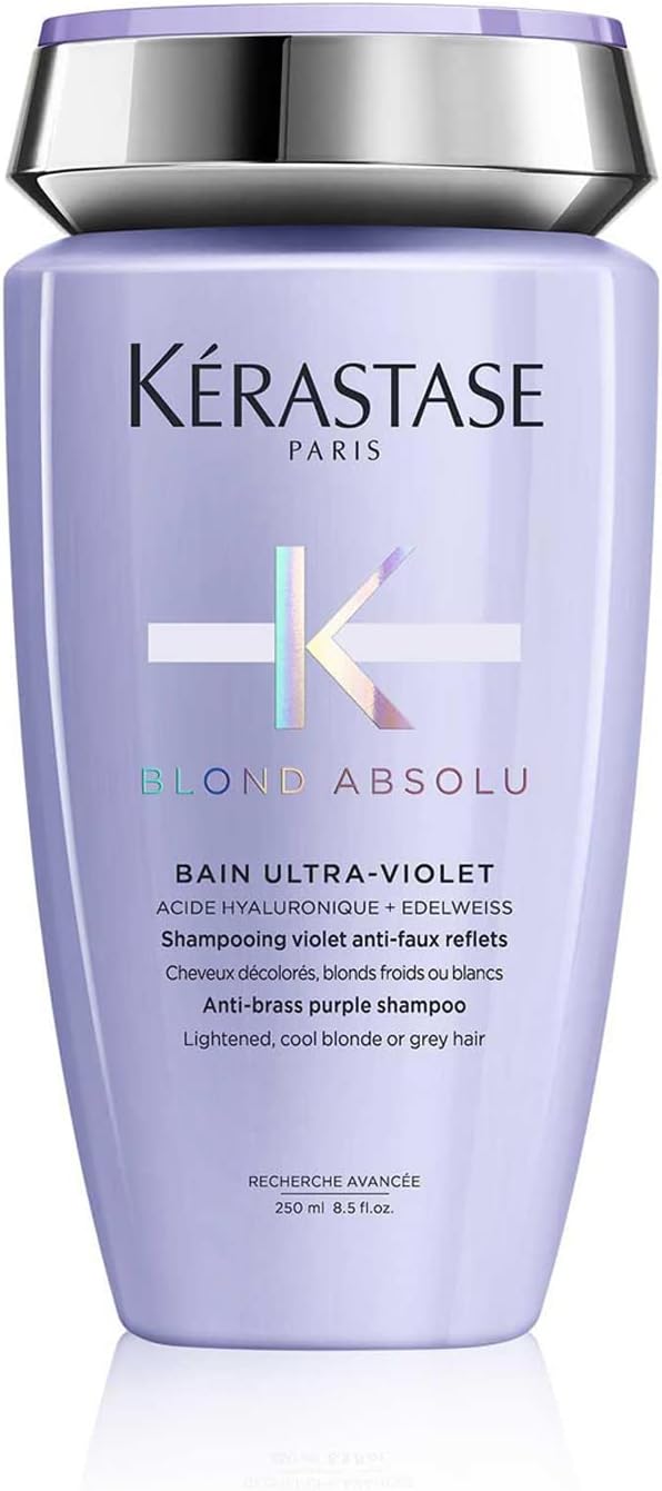 KÉRASTASE Blond Absolu - Bain Ultra-Violet - Shampoing Violet Anti Faux-Reflets - Renforce les Cheveux - Acide Hyaluronique & Edelweiss - Cheveux Blonds Décolorés, Méchés ou Blancs - 250 ml Bain UV 250ml