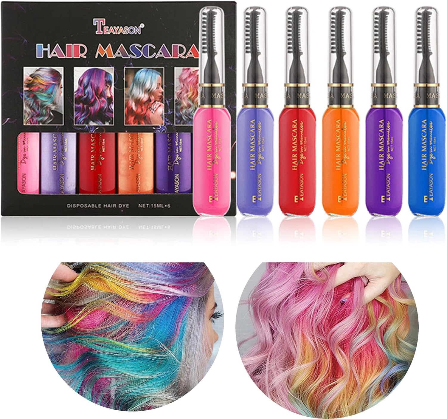 Gireatick 6 Couleurs Instantanément Colorant Pour Cheveux Mascara Temporaire Pour Cheveux Pour Filles Et Femmes, Couleur De Cheveux Lavable Craie Arc-en-ciel Mascara
