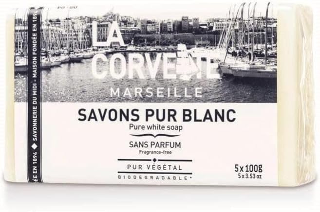 Lot de Pains de Savon Pur Blanc - Sans Parfum, Colorant ou Graisse Animale - 100% d'Origine Végétale - Multi-Usages Corps - 5x100g