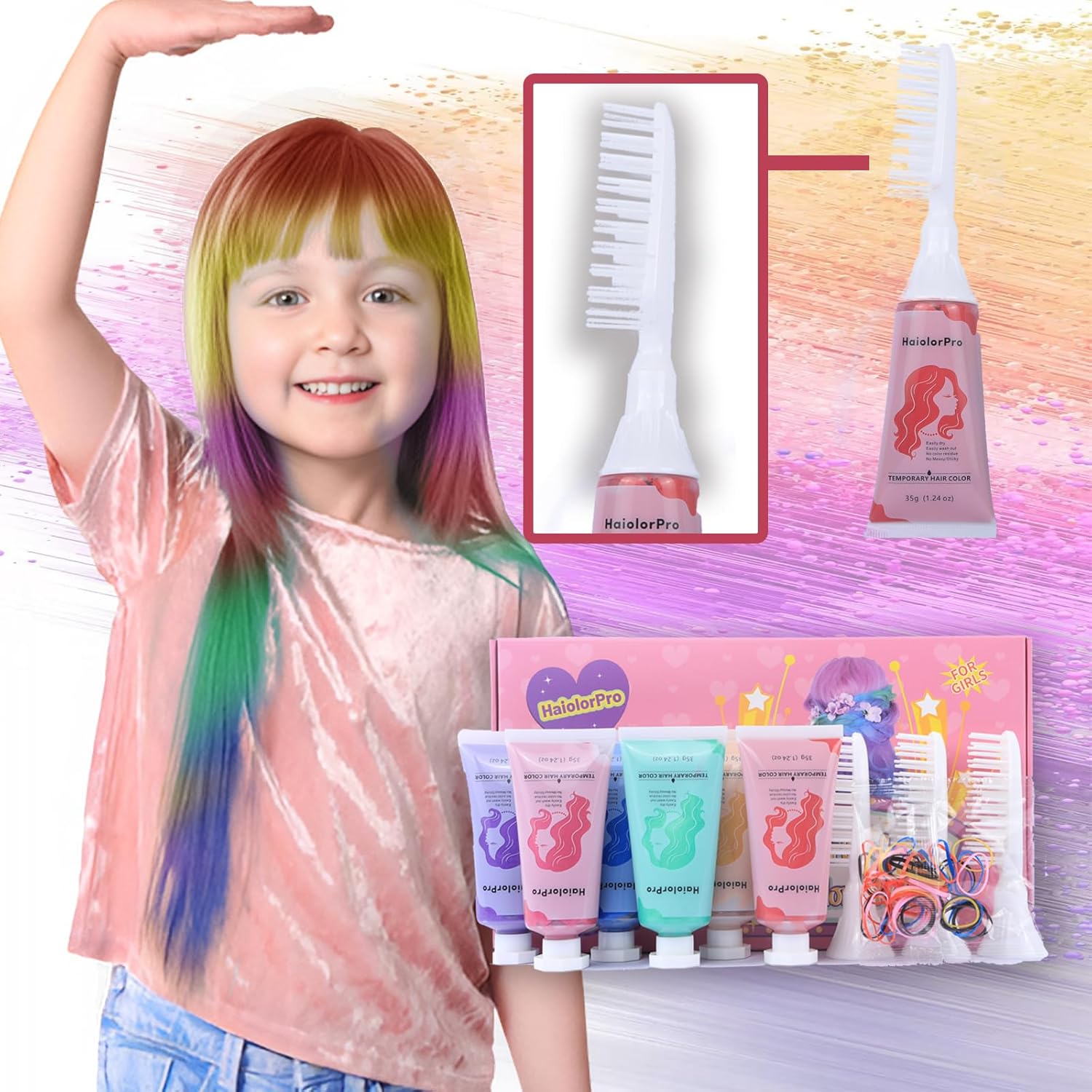 6 Couleurs Cire Colorante Cheveux, Craie pour Cheveux Lavable, Kit Couleur Temporaire Mascara pour Cheveux Lavable, Halloween, Cadeau Ado Fille, Cadeau Fille 5 6 7 8 9 10 11 12 13 Ans Vert+Bleu+Rose+Violet+Jaune+Rouge