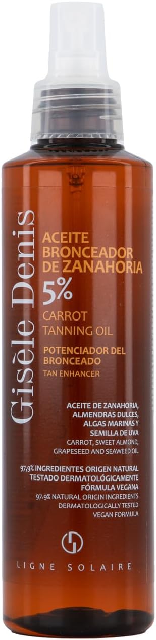 GISÈLE DENIS - Huile bronzante à la carotte 5% 200 ml, Huile bronzante, Accélérateur de bronzage, Bronzant solaire, Ingrédients d'origine naturelle, Résistant à l'eau, Formule végétalienne