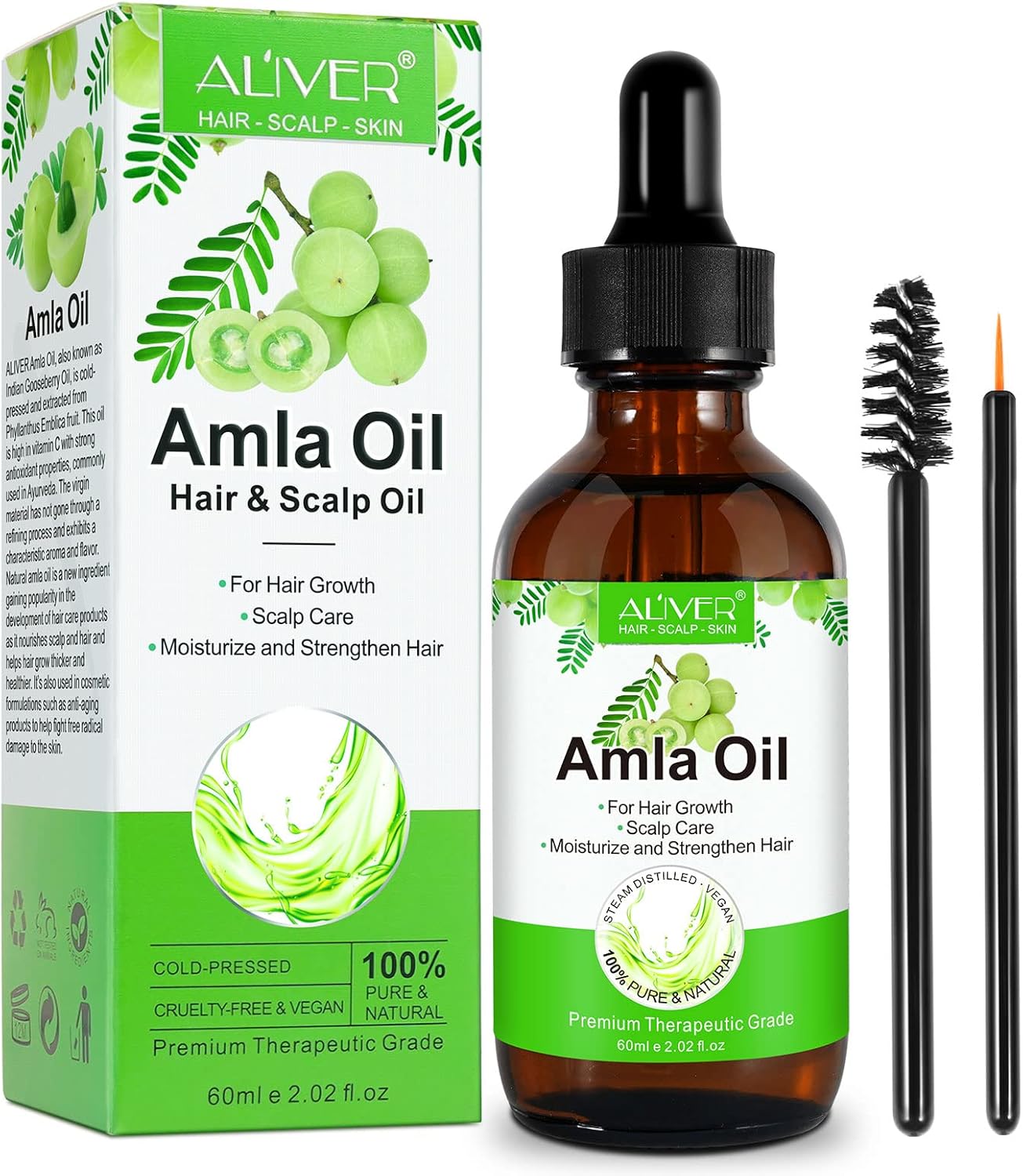 Amla Oil 60ML Huile de Amla pour Cheveux Racines Fortifiées et Plus de Vitalité, Traitement contre la perte de cheveux y Compris pour Cheveux Gris