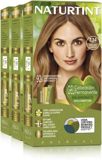 Biobased - Coloration sans ammoniaque - Couverture à 100% des cheveux blancs - Ingrédients végétaux - Couleur naturelle et durable - 7.34 Noisette Lumineux - Lot de 3