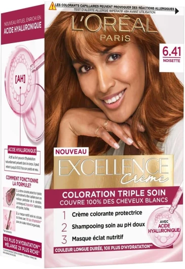 L’ORÉAL PARIS - Coloration Cheveux Permanente Triple Soin - Couvre 100% des Cheveux Blancs - Excellence Crème - Nuance : Noisette (6.41) 6.41 - Noisette 1 unité (Lot de 2)