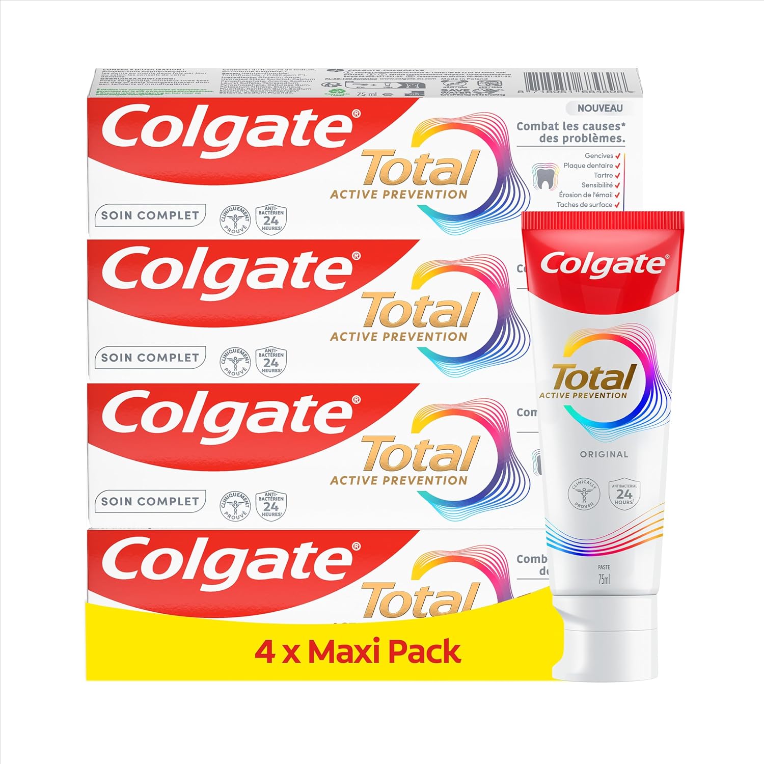 Dentifrice Total Active Prevention Soin Complet - Protection Antibactérienne 24h* - Prévention Active 8-en-1 - Lot de 4 tubes (4 x 100ml) Active Prevention 100 ml (Lot de 4)