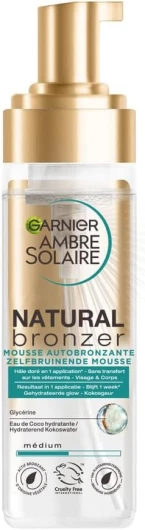 Ambre Solaire - Natural Bronzer - Mousse Autobronzante Hydratante - Hâle Progressif & Sur-Mesure - Eau de Coco & Glycérine - Vegan & Cruelty Free - Visage & Corps - 200 ml Mousse corps