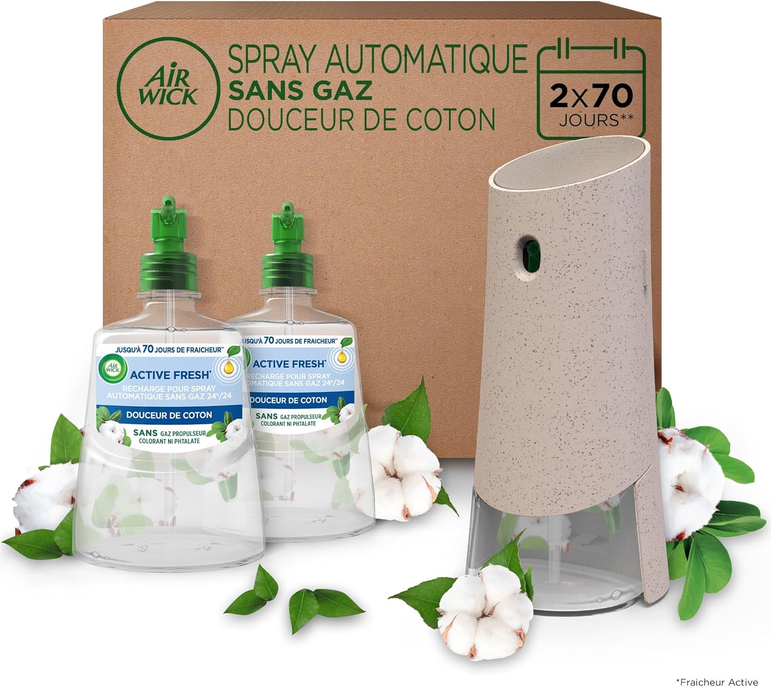 Désodorisant Maison Spray Automatique sans Gaz Active Fresh - 1 Diffuseur + 2 Recharges Parfum Douceur de Coton
