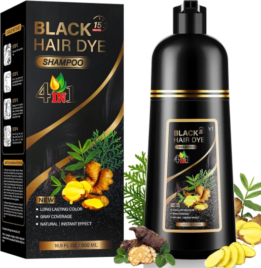 YUOLITA 500ML Shampoing Colorant Noir, 4 in 1 Naturelle Instantanée Shampooing Tcheveux colorés,Hair Dye Shampoo Cheveux Colorés, Hair Dye pour Hommes Femmes