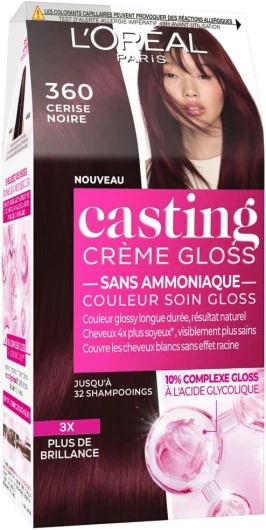 L’ORÉAL PARIS - Coloration Cheveux Semi-Permanente Ton sur Ton - Couleur Soin Gloss - Sans Ammoniaque - Casting Crème Gloss - Nuance : Cerise Noire (3.60) 360 - Cerise Noire 234 g (Lot de 1)