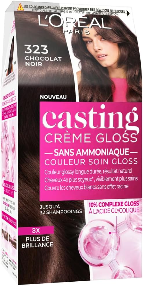 L’ORÉAL PARIS - Coloration Cheveux Semi-Permanente Ton sur Ton - Couleur Soin Gloss - Sans Ammoniaque - Casting Crème Gloss - Nuance : Chocolat Noir (323) 323 - Chocolat Noir 1 unité (Lot de 1)