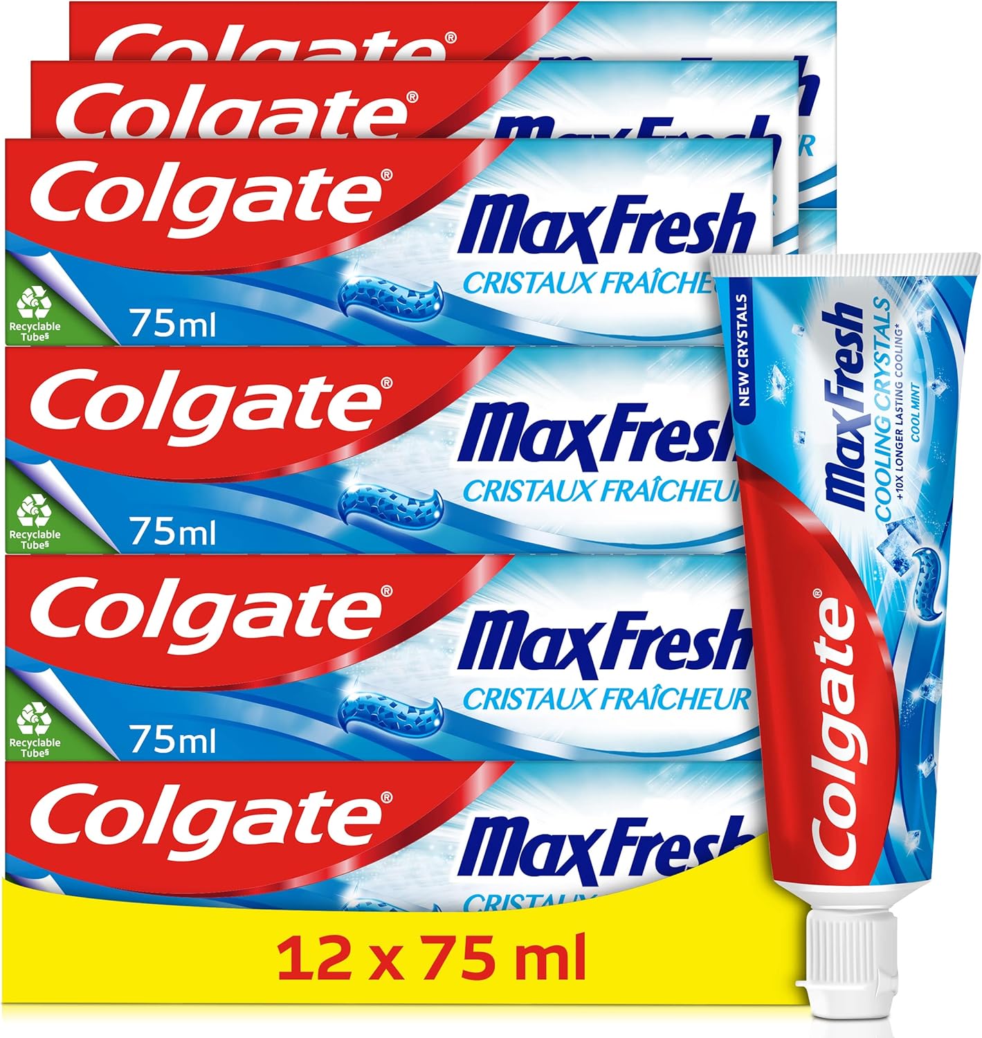 Dentifrice Colgate Max Fresh Cristaux Fraîcheur - Dentifrice Haleine Fraîche - Tube Recyclable - Lot de 12 Tubes de Dentifrice de 75mL 75 ml (Lot de 12)