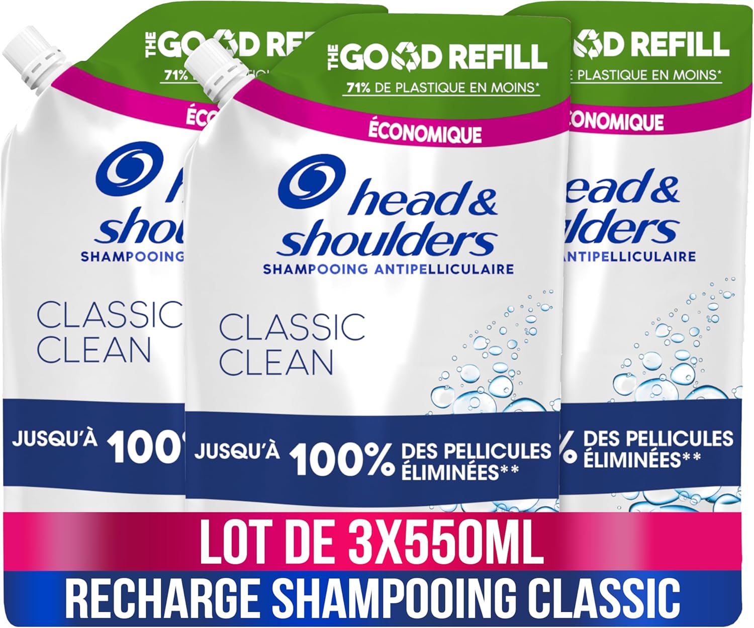 Head & Shoulders Shampooing Antipelliculaire Classic, Recharge 3 x 550 ml, Jusqu’à 100% Des Pellicules Éliminées, Cliniquement Prouvé, Testé Sous Contrôle Dermatologique 550 ml (Lot de 3)