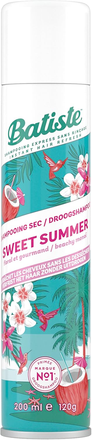 Batiste Shampooing Sec, Sweet Summer, Rafraichit les Cheveux et Apporte du Volume, Parfum Monoï, Noix de Coco et Vanille, Absorbe Excès de Sebum, Sans Rinçage, 200ml floral
