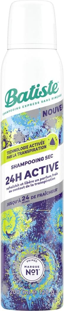Batiste Shampooing Sec, 24h Active, Rafraichit les Cheveux et Apporte du Volume, Au Contact de la Transpiration,Parfum de Fraicheur pendant 24h,Absorbe Excès de Sebum, Sans Résidus,Sans Rinçage, 200ml bleu 200 ml (Lot de 1)