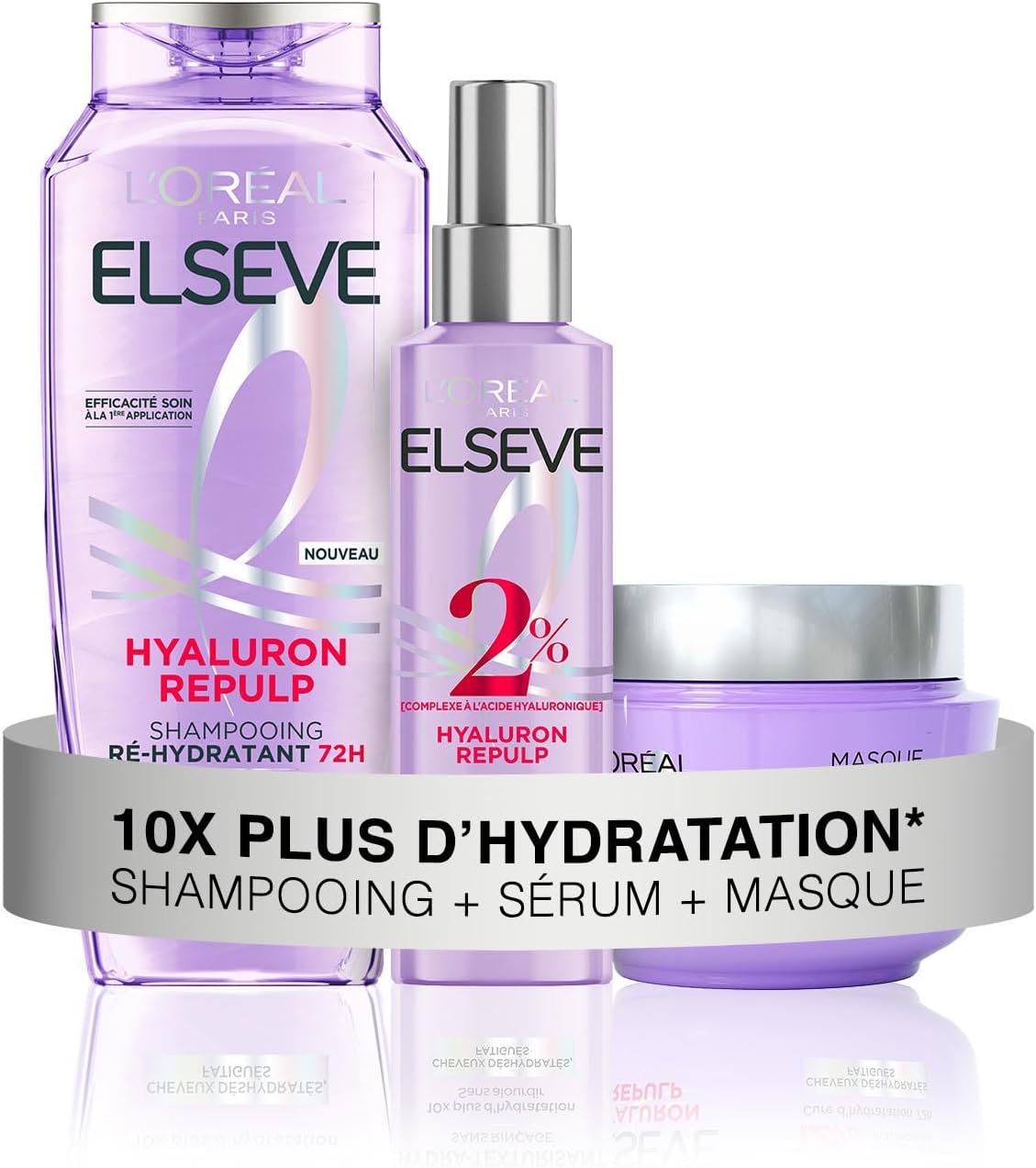 L'Oréal Paris - Routine Soin Hydratation Intense - Cheveux Déshydratés - Hydratation 72H - À l'Acide Hyaluronique - 3 Produits - Shampooing, Sérum & Masque - Elseve Hyaluron Repulp Routine Hydratation Intense