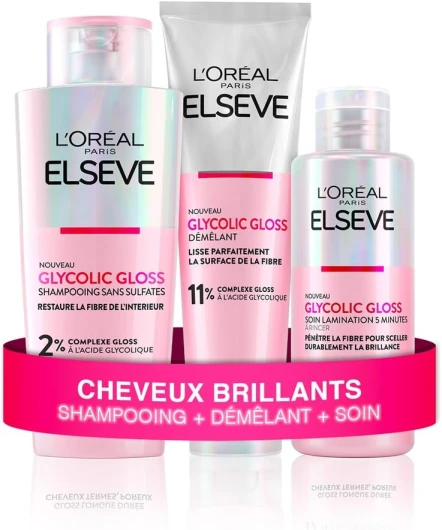 L'Oréal Paris - Routine Capillaire Complète pour Cheveux Ternes - Shampooing + Démêlant + Soin Lamination - Acide Glycolique - Sans Sulfates - Elseve Glycolic Gloss - 3 Produits Routine Complète