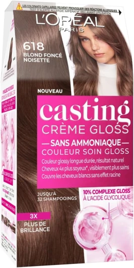 L’ORÉAL PARIS - Coloration Cheveux Semi-Permanente Ton sur Ton - Couleur Soin Gloss - Sans Ammoniaque - Casting Crème Gloss - Nuance : Blond Foncé Noisette (6.18) 618 - Blond Foncé Noisette 234 g (Lot de 1)