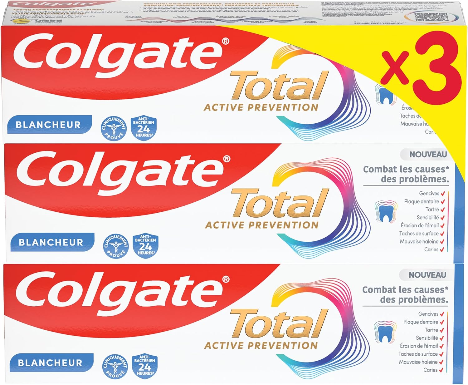 Total Prévention Dentifrice 24h Active Blancheur Naturelle- Aide à prévenir les problèmes bucco-dentaires - Réduit les taches de surface - 3x75ml Active Blancheur 75 ml (Lot de 3)