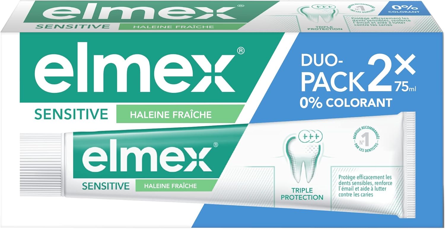 Pâte Dentifrice Elmex Sensitive Haleine Fraîche 0 % Colorants - Dents Sensibles, Gencives Douloureuses, Protection de l'Email - 2 x 75 ml SENSITIVE HALEINE FRAÎCHE LOT DE 2